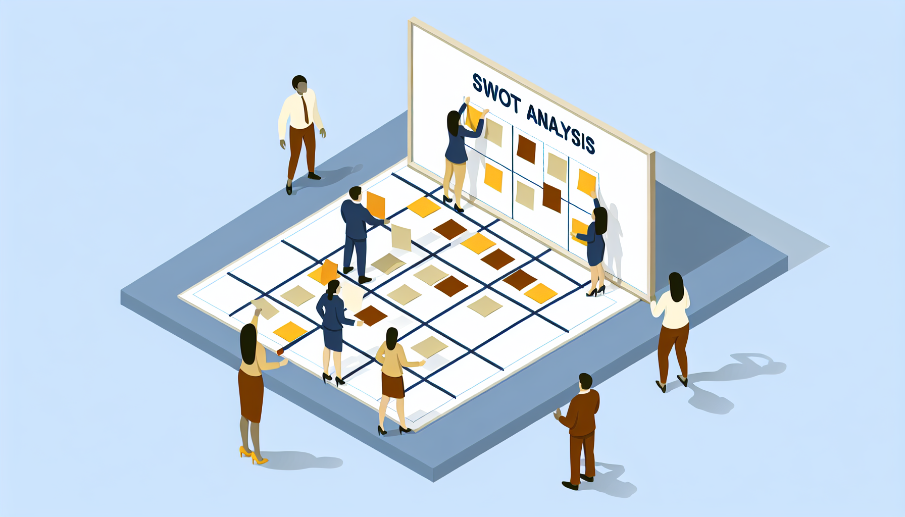 SWOT Analysis grid — team filling in strengths weaknesses opportunities threats